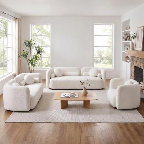 Image of Curved Couch Set for Living Room, 3 Piece Boucle Sofa & Loveseat Set with Accent Chair, Deep Seat Modern Sofa Set, Minimalist Upholstered Living Room Furniture Set for Home Apartment Office, White
