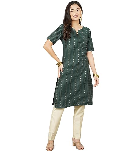Image of Cotton Dobby Woven Design V- Neck Elbow Sleeves Knee Length Kurta for Women's