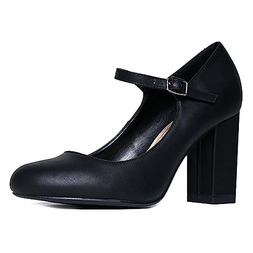 FSJ Women Round Toe Chunky High Heel Mary Jane Pumps with Strap Comfortable Office Work Church Dress Shoes Size 4-15 US