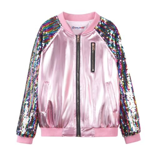 Image of WELAKEN Girls Sequin Sparkle Zip Bomber Jacket | Sequin sleeves, shiny bomber style, ribbed trim, smooth zipper and side pockets for party, dance, school and photos