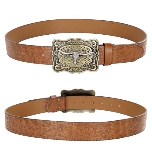 Western-Cowboy-Belts for Men/Women - Mens Western Belt with Longhorn-Bull-Buckle Cowgirl-Country PU-Leather-Belt for Jeans4