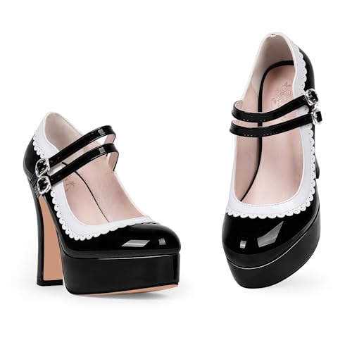 Women's Ankle Strap Plafrom Mary Janes Pumps Block High Heels Double Buckle Patent Leather Dress Shoes2