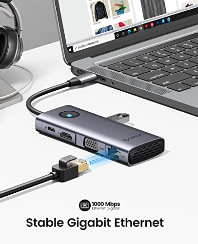Image of ORICO USB C Docking Station, 8-in-1 Laptop USB C Dock with 4K HDMI, VGA, Gigabit Ethernet, 3*USB 3.0 & 1*USB 2.0, 100W Power Delivery Compatible with MacBook, iPad, Steam Deck or Other Type C Devices