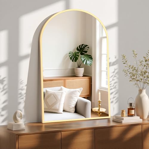Sweetcrispy Arched Bathroom Mirror 38x26 Inch Gold Metal Framed Arch Vanity Mirror for Wall, Over Sink, Farmhouse, Restroom, Anti-Rust, Modern Decorative, Hanging or Leaning