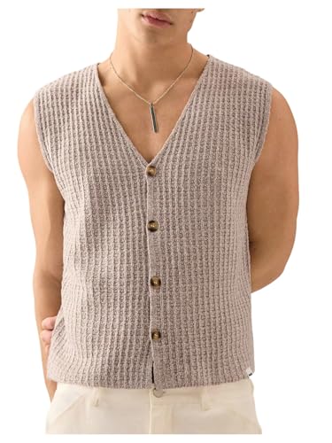 Men's Sweater Vest Button Down Sleeveless V Neck Knitted Tank Top