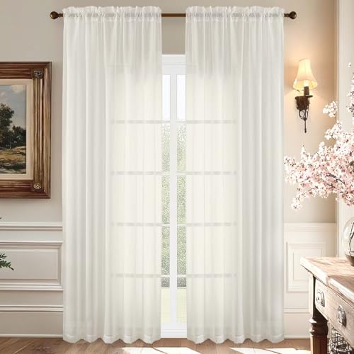 Aiyufeng Ivory Sheer Curtains 90 Inches Long, Light Filtering Rod Pocket Solid Color Window Sheer Curtain Panels, Elegant Curtains & Drapes for Living Room, Bedroom 2 Panels (Ivory, 59" W x 90" L)