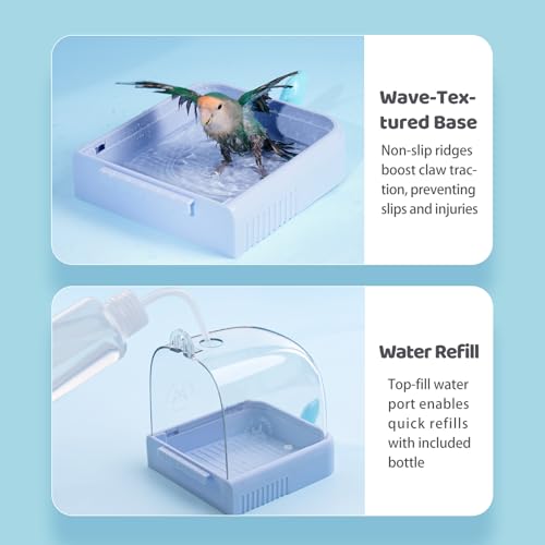 Image of 8.2 inch Hanging Bird Bath for Cage, Parrot Food Bowl, Transparent 360 View, Bird Cage Accessories, with Cleaning Bottle, for Small Medium Birds, Budgie, Parakeet, Cockatiel, Lovebird, White