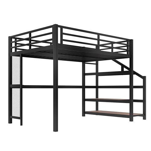 Image of Bellemave Full loft Bed with Storage Stairs, Shelves, Metal Loft Beds with LED Lights, USB Ports, Multifunctional Iron Nets for Adults, Kids, Teens, Black
