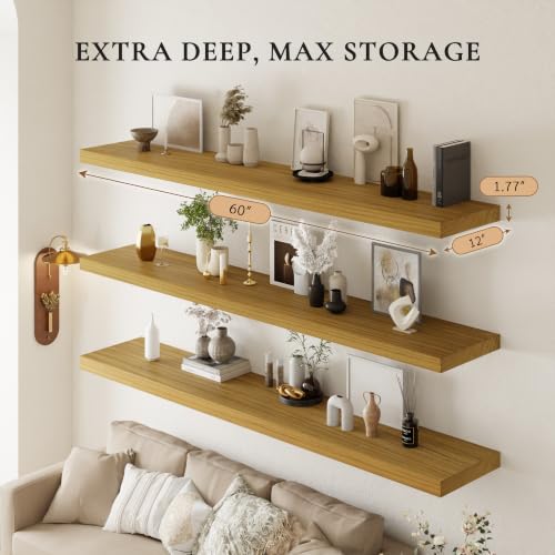 Image of 60 inch Extra Deep Floating Shelves, Set of 3, Natural Wood | 60 inchL x 12 inchD x 1.8 inchH, Set of 3, Solid Paulownia Wood, Natural Clear-Coat Finish, Hidden Brackets, Hardware Included