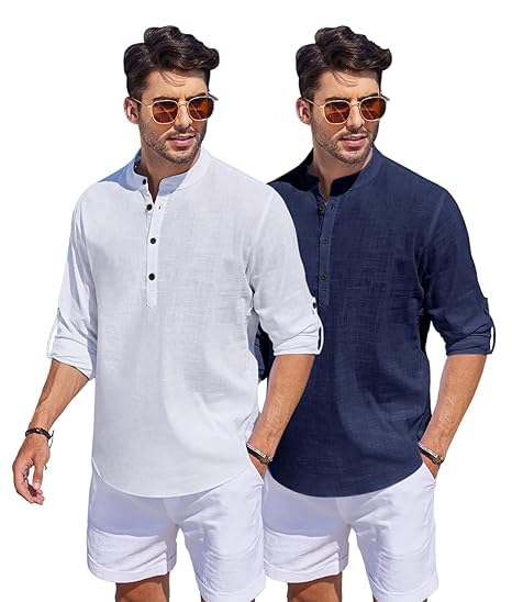 Image of Bellstone Men's Cotton Blend Straight Kurta Shirt Combo with Mandarin Collar - Slim Fit Casual Short Kurti Set Featuring Textured Slub Fabric and Roll-Up Full Sleeves