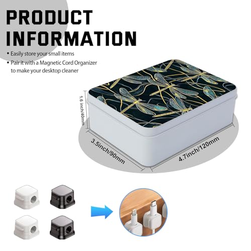 Image of Metal Tin Box with Lid,Multi-functional Storage Box Can Store Tea Biscuits Game Cards, Playing & Tarot Cards-Comes with 4 Magnetic Cord Clips,Golden Dragonflies Pattern