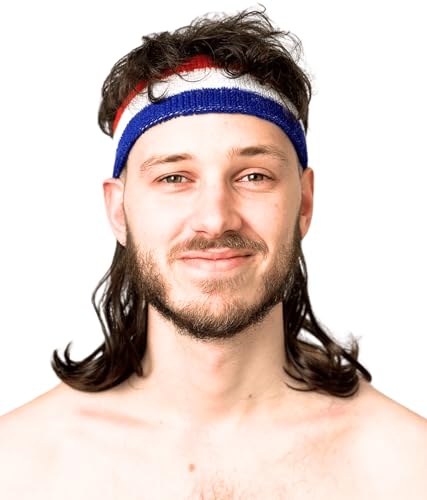 ALLAURA Compatible with 80s Mullet Costume – Brown Mullet Wig with Headband for Men – One Size Fits Most – Retro Rocker Hair for Halloween, Parties, Funny Outfits, 1980s Mullet Wig, or Athlete Look