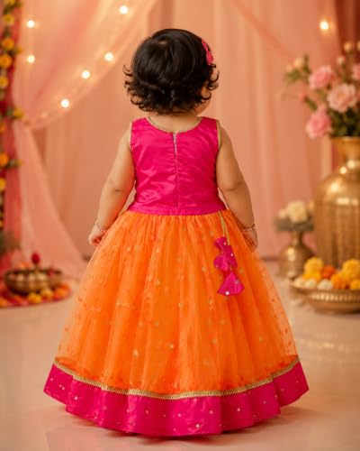 Image of Girls Designer Lehenga Choli Set Orange Rani Pink Readymade Pattu Pavadai Style Traditional Ethnic Dress for Baby Girls Kids Festive Wedding 3Months-8 Years