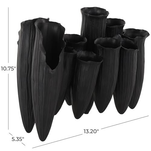 Image of Deco 79 Ceramic Abstract Decorative Vase Floral Inspired 10 Openings Centerpiece Vase with Linear Grooves, Flower Vase for Home Decoration 13 inch x 5 inch x 11 inch, Black