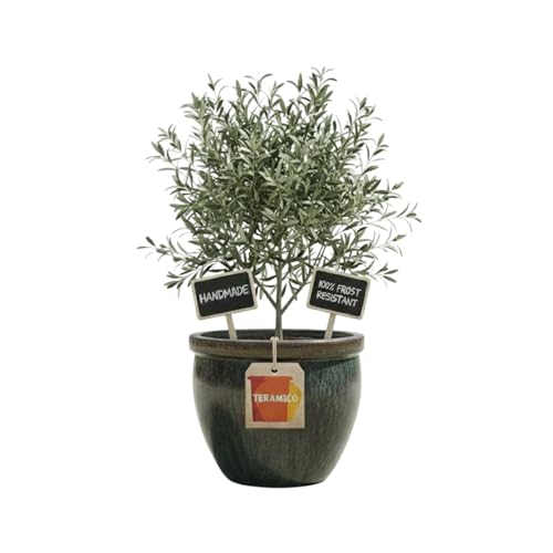 Teramico Macetero de gres hecho a mano, de cerámica resistente a las heladas, con orificio de drenaje, resistente a la intemperie, tamaños ideal para interiores y exteriores (verde musgo, 37 cm x 31