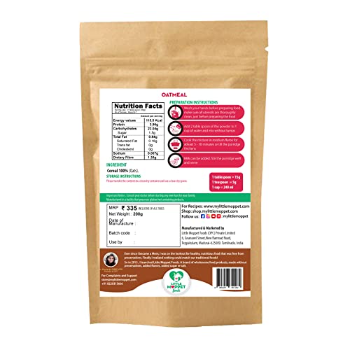 Image of Little Moppet Foods Oatmeal- 200g | Oats Porridge Mix | No Sugar, No Salt, No Milk, No Chemicals, No Preservatives | Breakfast Cereal Rich in Protein |Easily digestible for Little Ones | Made by a Doctor Mom