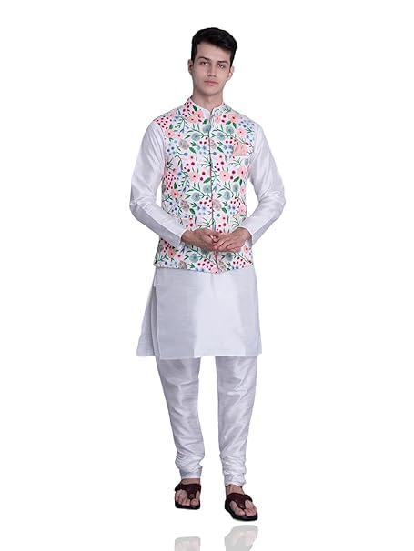 Image of Uri and MacKenzie Men's Silk Blend Kurta Pyjama with Stylish Embroidered Ethnic Jacket