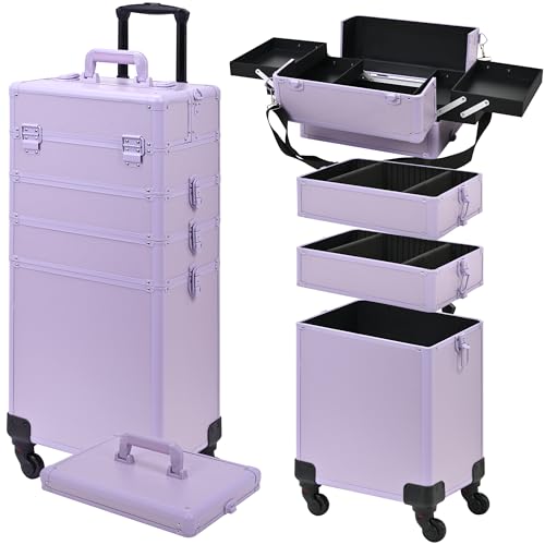 Somduy Rolling Makeup Case, Makeup Train Case with Lid, 5 in 1 Cosmetology Case on Wheels, Christmas Gift, Large Makeup Organizers, Profesional Cosmetic Case for Salon Barber, Purple
