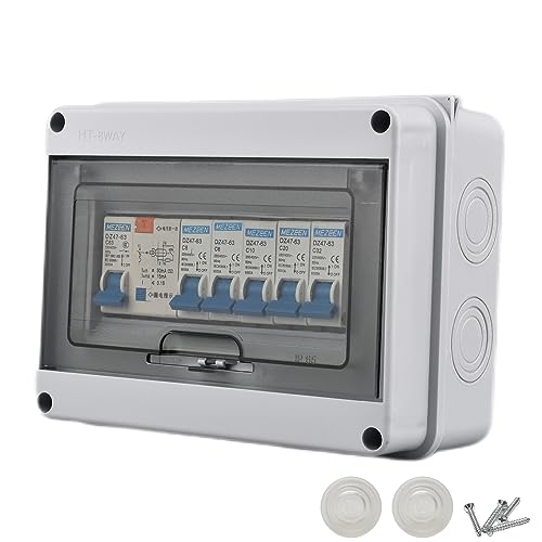 Tulabu 8 Way Miniature Circuit Breakers with Waterproof Distribution Box Outdoor 63A 220V Earth Leakage Overload Short Circuit Protection for Home, Industrial, and Commercial Use(6A 10A 20A 32A)