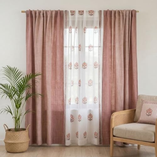 Image of Peepul Tree Pure Cotton and fine Mulmul Curtain Set of 2 Handwoven and 1 Sheer Curtain | Dusty Pink and Off-White | 7 ft | Set of 3 | Royal Courtyards Collection