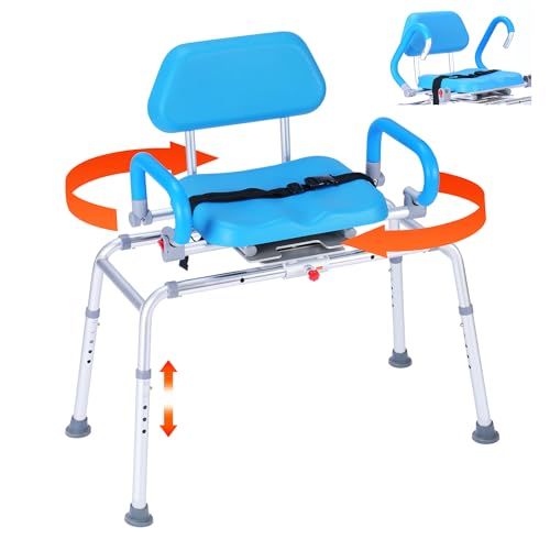 Sliding Shower Chair, Tub Transfer Bench with 360° Swivel Seat, Padded Seat and Pivoting Arms, Height Adjustable Bathtub Transfer Bench for Tubs, Bath Chairs for Adult Elderly Disabled Handicap, Blue