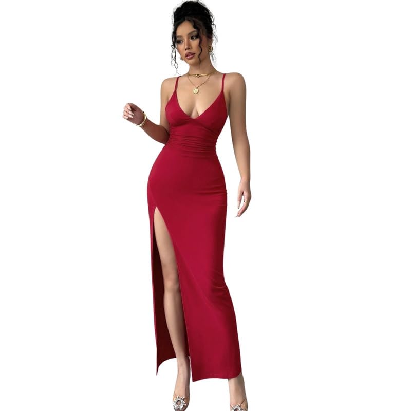 Women Slim One Step Dress with Side Slit and U Neck Soft Polyester Fabric Red-picture-12