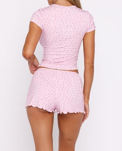 Image of Lacozy Cute Pajamas for Women Set 2 Piece Short Sleeve Pjs Floral Graphic Crop Top Y2K Summer Sleepwear Lounge Set