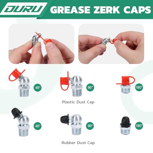 Image of OURU 100PCS Grease Fittings Kit, SAE Zerk Grease Fittings Straight 45 90 Degree with Grease Fitting Caps for Grease Gun