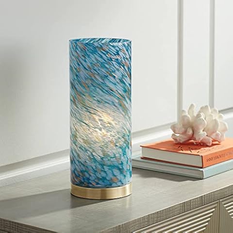 360 Lighting Nikki Modern Coastal Accent Table Lamp 13 1/2" High Antique Brass Metal Blue Art Glass Cylinder Shade for Bedroom Living Room Nightstand Bedside Night Stand Office Kids Room Cover