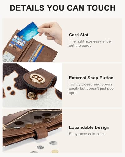 Image of BOSTANTEN Slim Wallet Women Leather RFID Blocking Credit Card Holder Bifold Thin Wallet with Zipper Pocket Brown Cow Print
