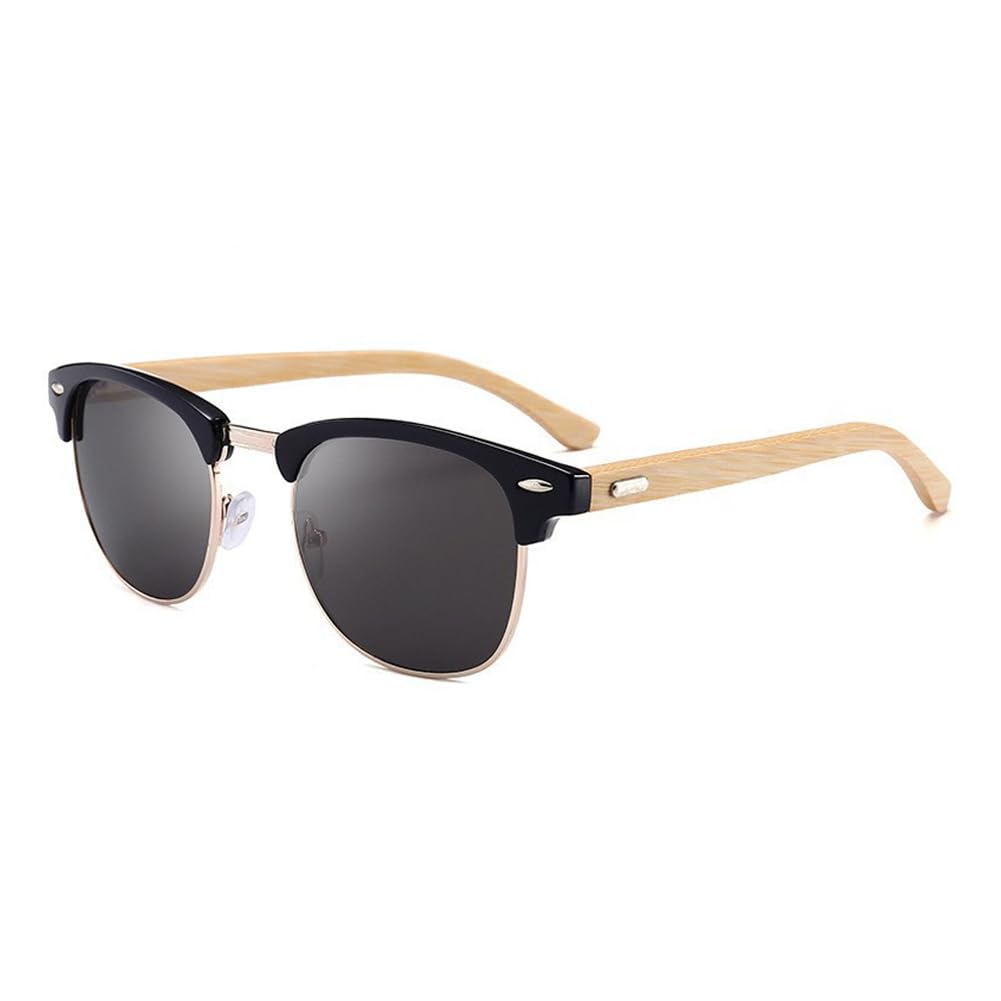 hermaner Square Semi-Rimless Sunglasses Mens Women UV400 Protection Bamboo-wood Temples Rivet Decorated Frame Coated Mirror Lenses Sunnies Outdoor Street Party Travel