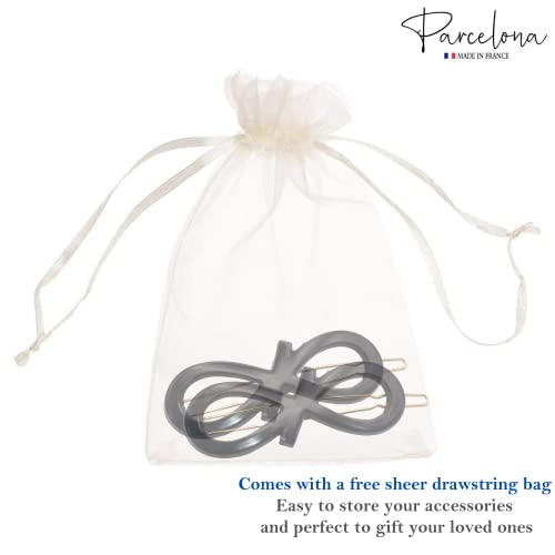 Parcelona French Ribbon Knot Infinity 2 1/4" Small Celluloid Acetate Hair Clips With Tige Boule Clasp Set Of 2 Fashion Durable Styling No Slip Grip Women Hair Accessories Girls Side Slide-In Barrette Clip ,Made In France (Solid Black) #TOP7