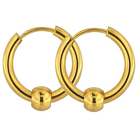 MONSTER PIERCING 12 Gauge (2.0MM) - 14MM Diameter Gold Anodized 316L Surgical Steel Clicker Hinged Sleeper Hoops with Bead Ball Earrings Jewellery Cover