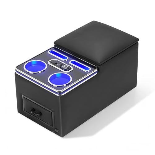 CEMOFE Mittelkonsole Auto mit Ablagen Staufach Upgrade Mittelkonsole Organizer Auto mit 7 Farben LED-Leuchten und USB Universal Mittelkonsole Auto Rückbank & Beifahrersitz für Bus LKW Van SUV Auto