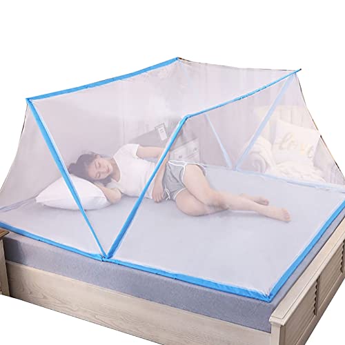 Moustiquaire de lit 100x190x80 cm bleu pliable pour couchage queen size