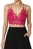 TheMogan Women's Padded Lace Bralette Cross Strap & Stretchy Smocked Back Crochet Bra Crop Top Magenta XL