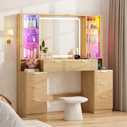 Image of Big Vanity, Fluted Wood Makeup Vanity with Mirror Lights, Oak Vanity Desk