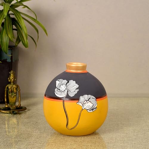 Image of Aakriti Art Creations Sunset Flower Terracotta Matki Vase (5x5x6) | Handmade Floral Art Decorative Vase | Matte Finish Yellow Flower Vase for Living Room Decor, Table Decor, Shelf Decor & Gifting