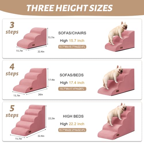 Image of 5-Step Pink Dog Stairs for High Bed, Pet Ramp for Small Dogs, Cats | Aodisman Pink Pet Stairs Designed for Small Dogs and Cats, Making It Easier to Get on High Beds with Comfort , 22.4 inch H