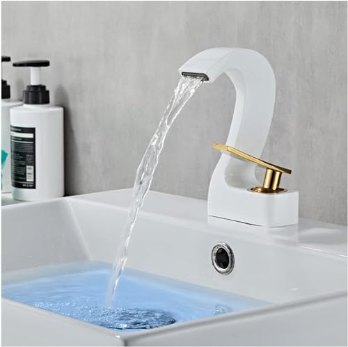 Robinet de salle de bain cascade blanc et doré BIANBHUO en laiton