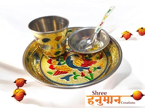 Image of Shree Hanuman Creations Laddu Gopal| Thakur ji| khanha| Bal Gopal ke Bartan /Pooja thali Small- 4 pcs Set - Multicolor Minnakari Stainless Steel Bhog Thali with Glass, Bowl and Spoon