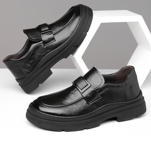 Men's Leather Round Toe Platform Slip-On Oxford Shoes,Fashion Metal Decoration Business Loafers Casual Formal Work Driving Shoes3
