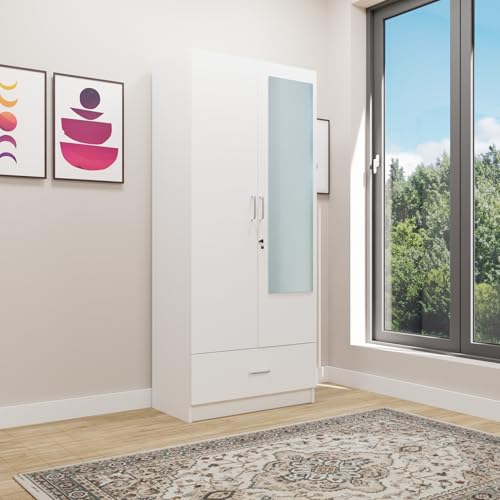 Image of VIKI Wardrobe | Wooden Almirah for 2 Door Wardrobe with 1 Drawer & Hanging Space with Mirror (Frosty White - 40D x 80W x 180.8H) | 1 Year Warranty | Free Assembly