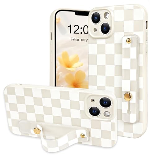 NITITOP Compatible with iPhone 14 Case with Wrist Strap Kickstand Cute Trendy Checkerboard Plaid for Women Girls Slim Fit TPU Silicone Shockproof Full Camera Protective Cover - White