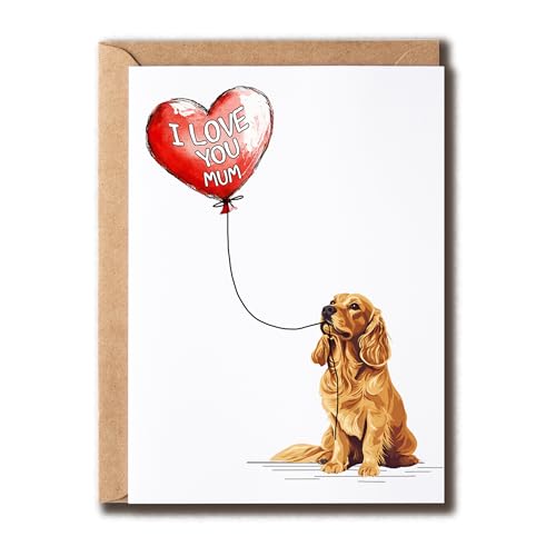 MABSDesigns Cocker Spaniel Mothers Day Card - I Love You Mum - Cocker Spaniel With Heart Balloon - Dog Mom - Dog Lover - Gift From Son Daughter
