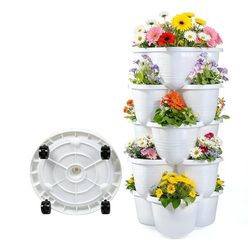 Bamworld Pflanzturm mit 5 Stapelbaren Etagen, Vertical Garden für Erdbeeren, Kräuter & Gemüse, Platzsparend bis 10 Pflanzen, Weiß