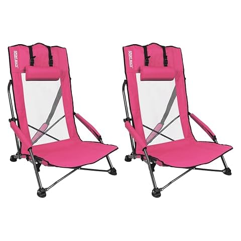 Beach Chairs for Adults 2 Chairs Low Profile Folding Beach Chairs for Camping - Higher Back Support, Head Pillows, Shoulder Straps Cover