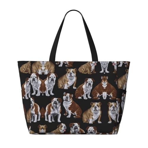 English Bulldogs Extra Large Tote Bag For Women,Foldable Beach Bag With Pocket Weekender Travel Overnight Bag2
