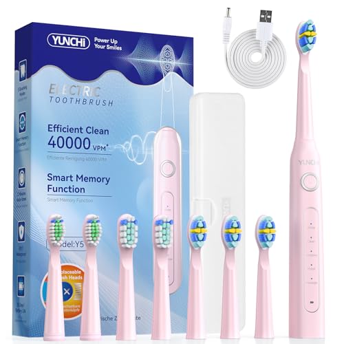 Elektrische Zahnbürste 40000 VPM Wiederaufladbare Schallzahnbürste mit 8 Bürstenköpfen Reiseetui, Smart Timer 5 Reinigungsmodi Letzte 30 Tage Elektrische Zahnbürsten für Erwachsene (Rosa)