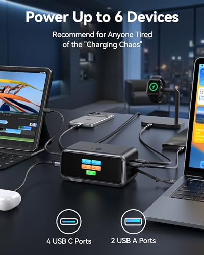 Image of MOKiN 200W Charging Station with Retractable Cord, 6-Port Desktop Charger | 2 USB A, 4 USB C Charging Station for Multiple Devices, Desk Accessories GaN Fast Charger for iPhone, iPad, MacBook, Galaxy